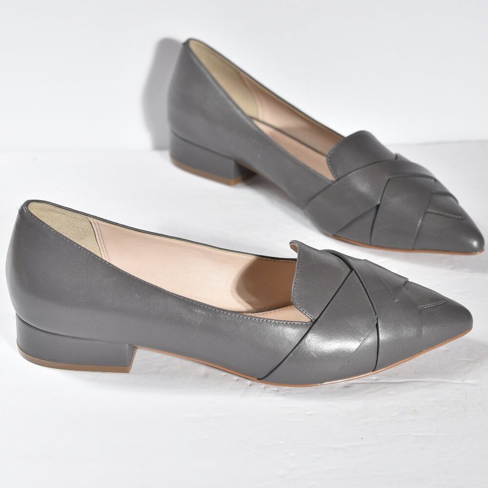 Cole Haan Gray Pointed-Toe Leather Low Block Heel Flats